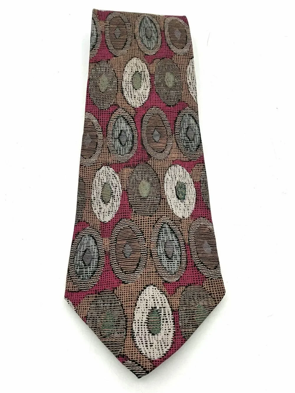Vintage Albert Nipon Silk Necktie Abstract Oval Geometric Pink Brown Tie